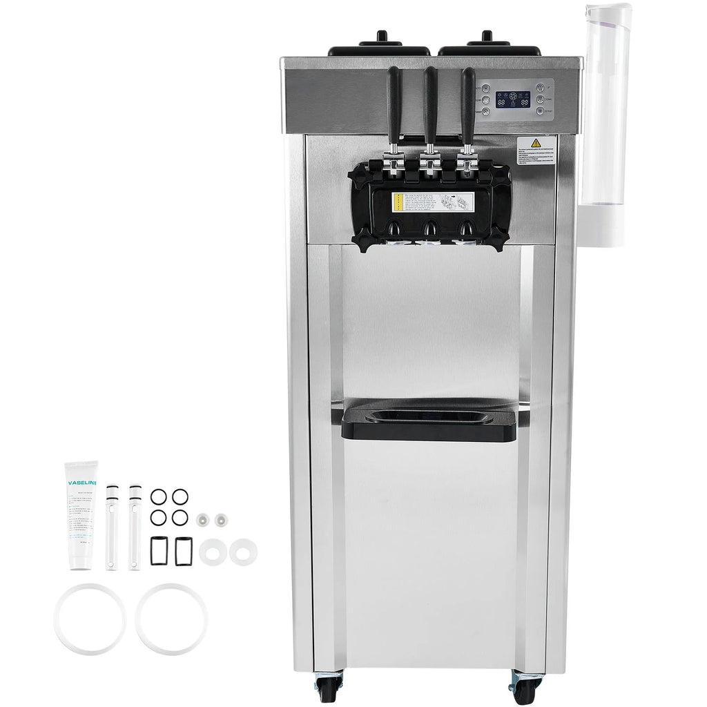 KFFKFF Commercial Soft Ice Cream Machine 21-31 L/H Output 3-Flavor  LED Display Auto Clean 4.3L/1.1GAL Hopper ,1.7L/0.45gal Cylinder