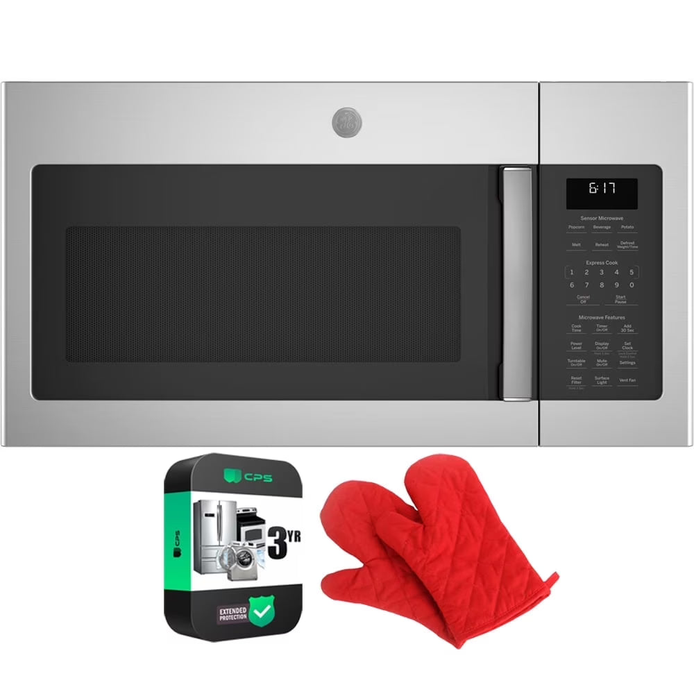 GE JVM6175SKSS 1.7 Cu. Ft. Over-the-Range Sensor Microwave Oven Stainless Steel Bundle with Deco Chef Pair of Red Heat Resistant Oven Mitt and 3 YR CPS Enhanced Protection Pack
