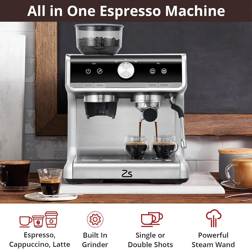 COZONY Espresso Machine 15 Bar, 2.5 L Water Tank, Semi Automatic Coffee Maker with Grinder, Milk Frother/Steam Wand, Italian Pump, All-in-One Espresso Machine, Stainless Steel, Silver