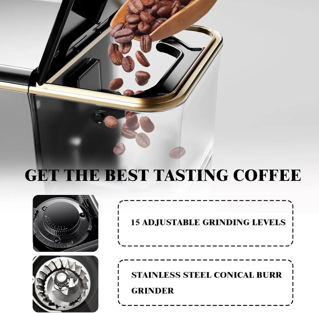 Fully Automatic Coffee Maker with Built-In Grinder and Milk Frother, Touch Screen 20 Bar High Pressure Espresso Machine with Adjustable Temperature and Strength for Home, Office