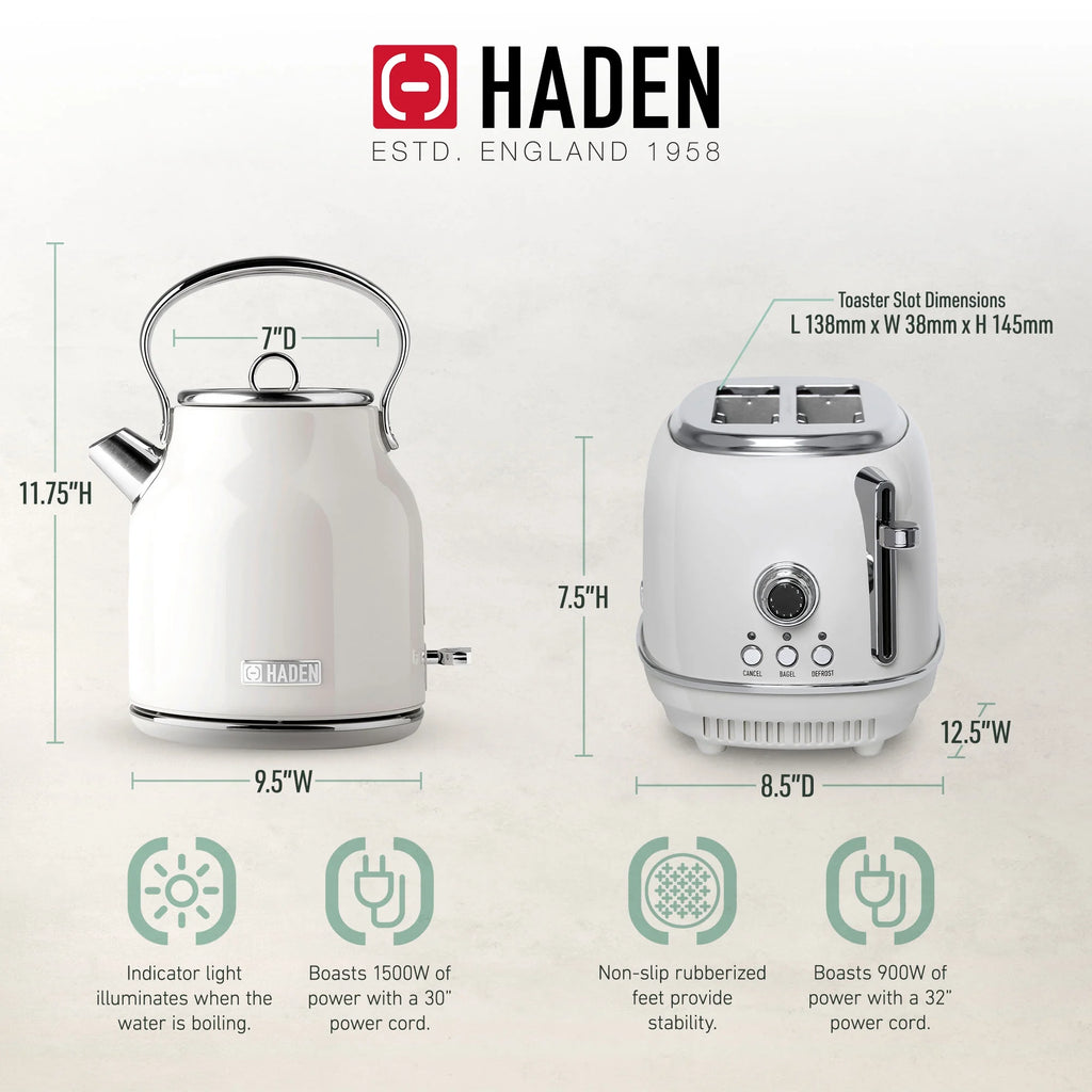 Haden Heritage 1.7 Liter Electric Kettle with 2 Slice Bread Toaster, White