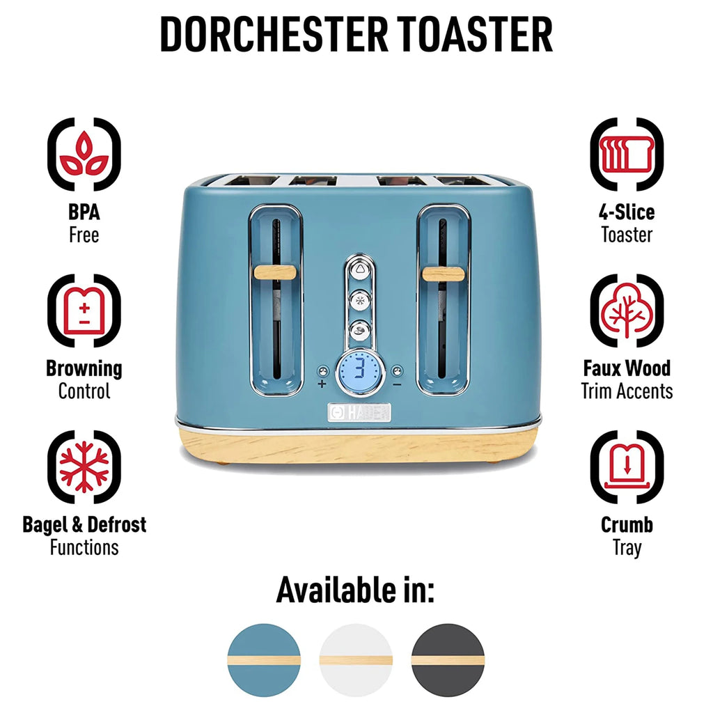 Haden Dorchester 4 Slice Wide Slot Toaster with Control Knob, Stone Blue
