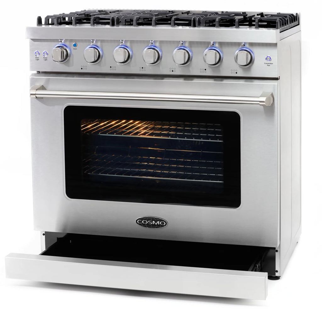 Cosmo 5 Piece Kitchen Appliance Package with 36" Freestanding Gas Range 36" Island Range Hood 24" Built-in Fully Integrated Dishwasher French Door Refrigerator & 48 Bottle Wine Refrigerator