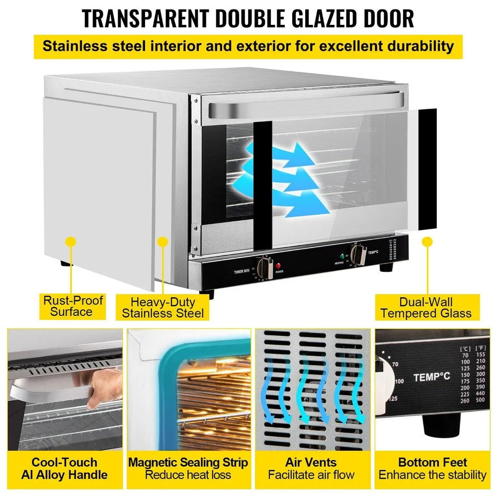 Choco Moon ETL 1600W Compact Convection Oven 47L/43Qt Countertop Half-Size 4-Tier Toaster Glass Door Electric Baking Trays Racks Gloves Inc 120V Commercial Use