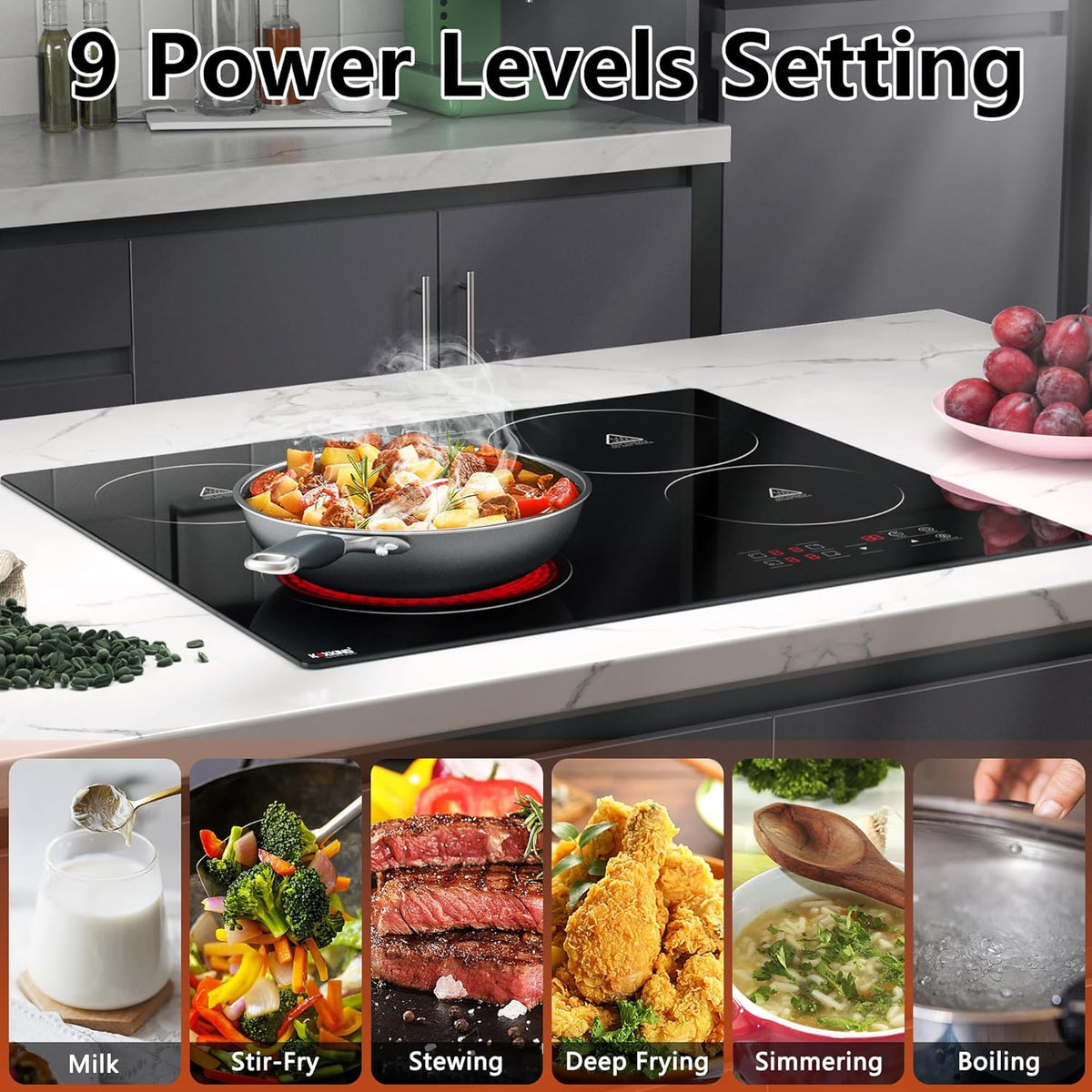 4 Burner Electric Cooktop, 24 Inch Electric Stove Top, Built-in Electric Cooktop with Sensor Touch Control, Timer & Child Lock Included, 9 Power Levels, 6000W, 220-240V Hard Wired (No Plug)