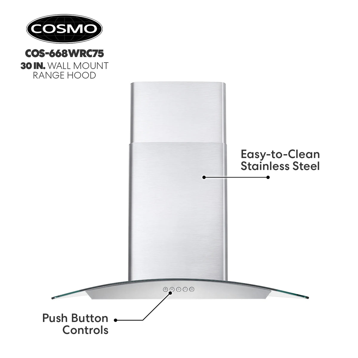 30 in. Vista Collection Ductless Wall Mount Range Hood, Button Controls, LED Lights, Stainless Steel