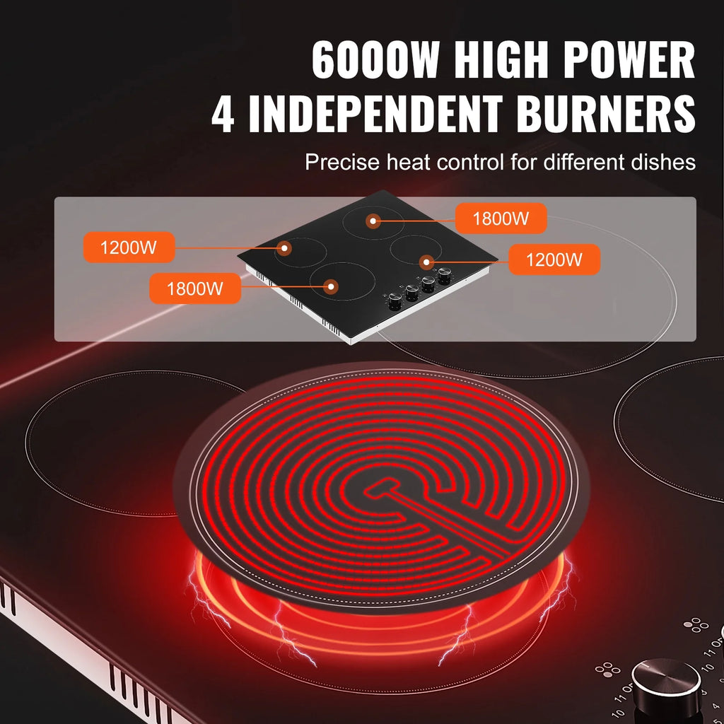KFFKFF 24" Electric Cooktop, Electric Range, 4 Burner Built-in Ceramic Cooktop with 11 Power Levels, Knob Control, 6000W Ceramic Surface, Glass Panel, Dial Controls, 220-240V, Direct Wiring Required
