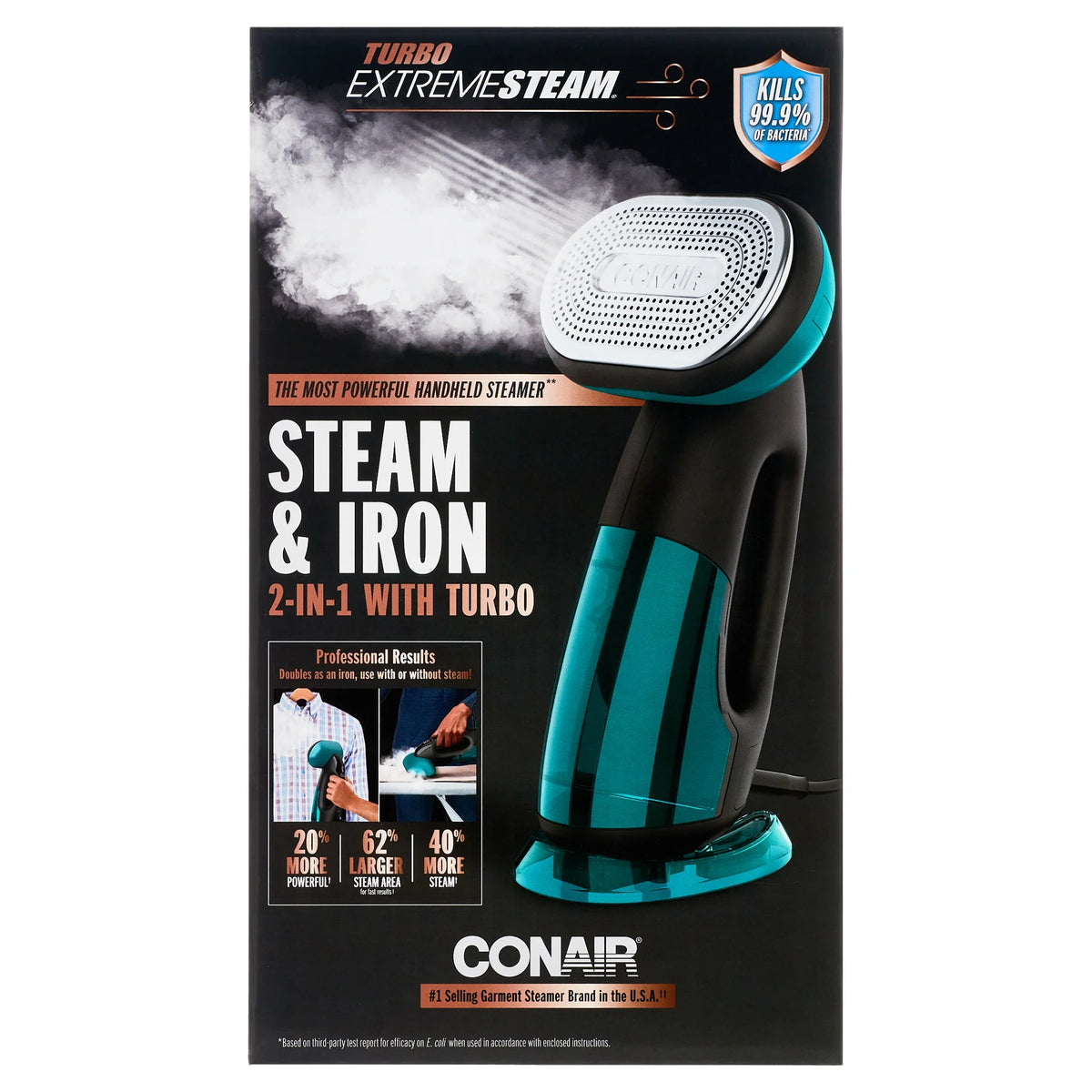 Conair Turbo ExtremeSteam 1875 Watt Handheld Fabric, 2-in-1 Steam and Iron Garment Steamer, One Size, Black/Green GS107