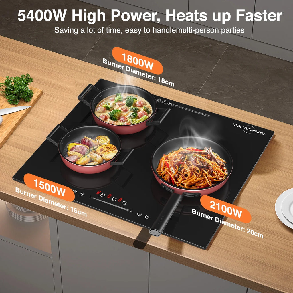 VoltCuisine Double/Dual Induction Cooktop 2 Burner, Shatter-proof Flat Glass Top, 9 Heat Settings, LED Touch Display with Child Safety Lock & Overheat Protection