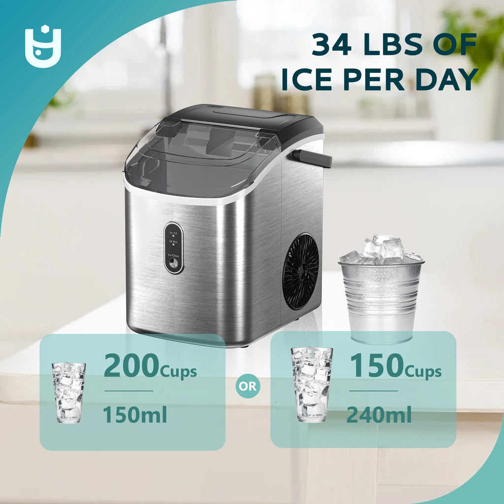 EUHOMY Nugget Ice Maker Countertop with Handle, Ready in 6 Mins, 34.5 lbs Per Day, Removable Top Cover, Auto-Cleaning, Black
