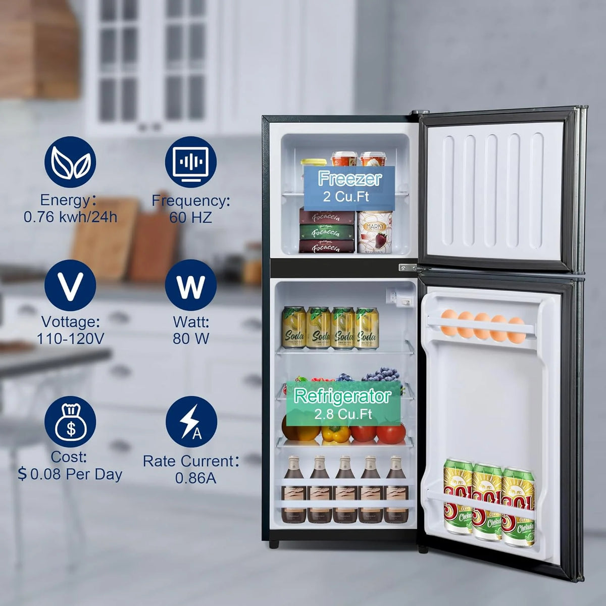 GGTB 4.8 Cu. Ft. Apartment Refrigerator with Freezer, Dorm Fridge with Adjustable Thermostat & Shelves, Mini Refrigerator Freezer for RV, Kitchen, Office, College, Black