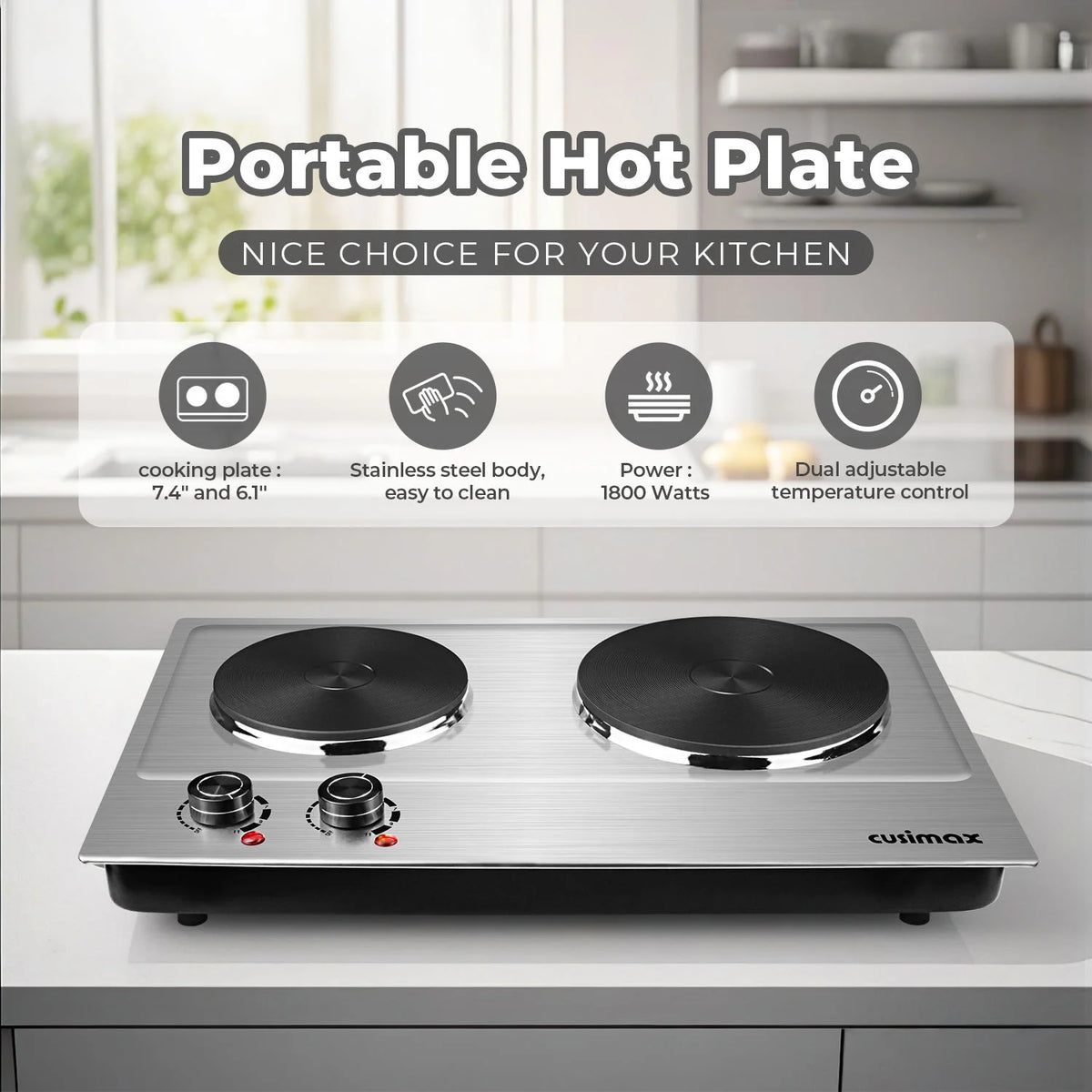CUSIMAX 1800W Portable Double Burner Hot Plate �?Stainless Steel Countertop Electric Cooktop with Dual Cast Iron Heating Plates, Easy-to-Clean Silver Design, Upgraded Version