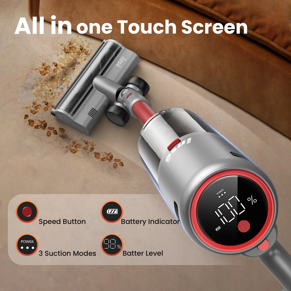 INSE Lightweight Cordless Vacuum with 30Kpa Powerful Suction & 60 Mins Runtime, Stick Vacuum  for Carpet, Tile, Pet Hair, Hardwood Floors