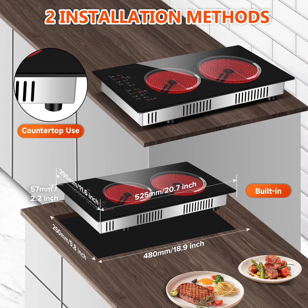 GRACEALL 12 inch Electric Stove 2 Burners Hot Plates for Cooking, Countertop Hotplate Double Elements Cooktop, 120V Ceramic Hotplate Plug in Infrared Cooker, Countertop and Built-in Compatible