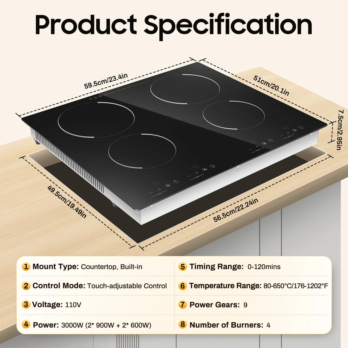 110V 3000W 4-Burner Electric Ceramic Cooktop,Touch Control,9 Gears,Safe & Efficient,for Home & Commercial Use