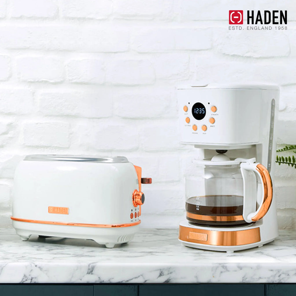 Haden 12 Cup Coffee Maker with 2 Slice Stainless Steel Bread Toaster, White