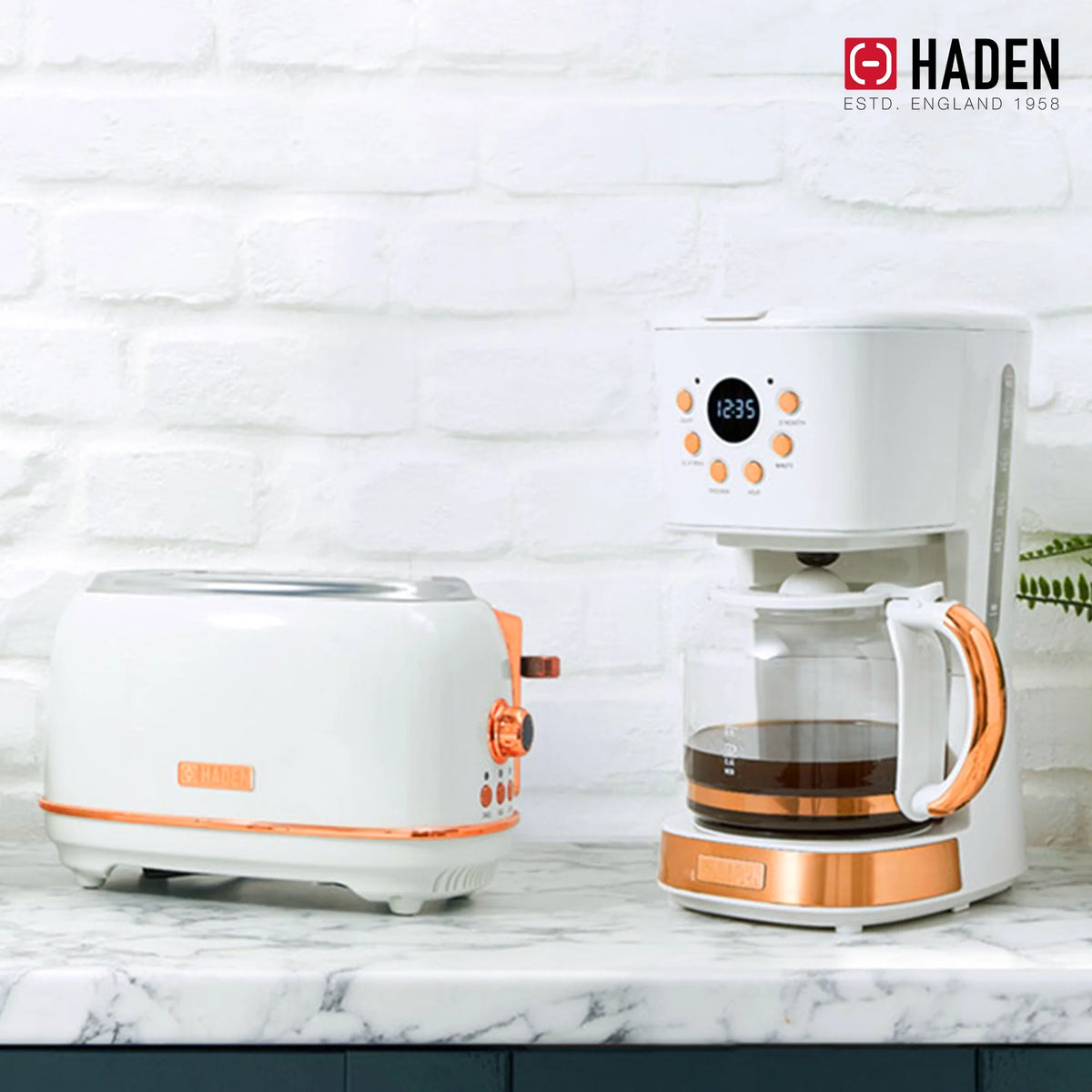 Haden 12 Cup Coffee Maker with 2 Slice Stainless Steel Bread Toaster, White