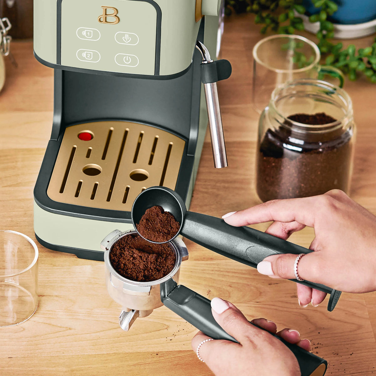 Beautiful Slim Espresso Machine with 20-Bar Pressure, Black Sesame by Drew Barrymore