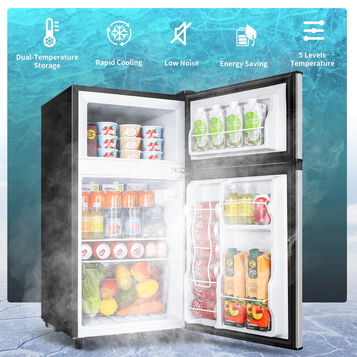 CALLIEVER Compact Mini Fridge with Freezer, 3.5 Cu.Ft 2-Door Refrigerator �C Ideal for Dorm, Office, Bedroom �C 7 Temp Settings, Adjustable Shelves,Silver