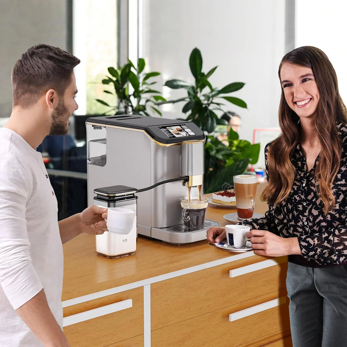 Full Automatic Espresso Machine with Built-In Grinder & Milk Frother - FTF Touchscreen Coffee Maker for Latte/Cappuccino, 20 Bar Pressur & 1.5L Water Tank, 1350W, Grey
