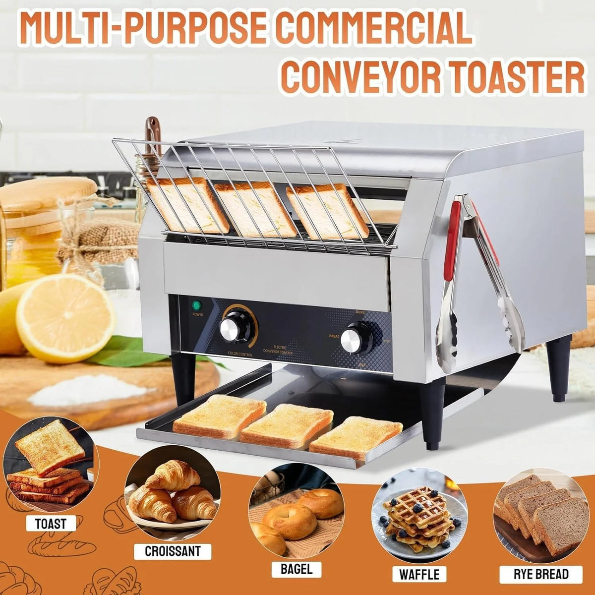 Ktaxon Commercial Conveyor Toaster, 150 Slices/Hour, 1300W, Front/Rear Outlet, Silver