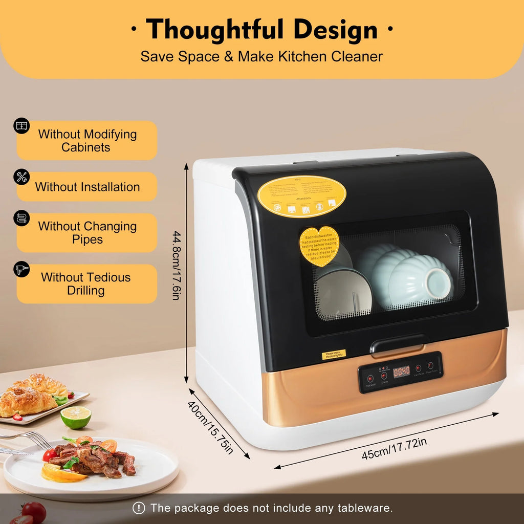 Compact Countertop Dishwasher Portable Mini Dish Washer 4 Washing Programs 110V 800W Dishwasher Machine with 3 Washing Programs for Dishes Knives Forks Spoons Chopsticks Cups