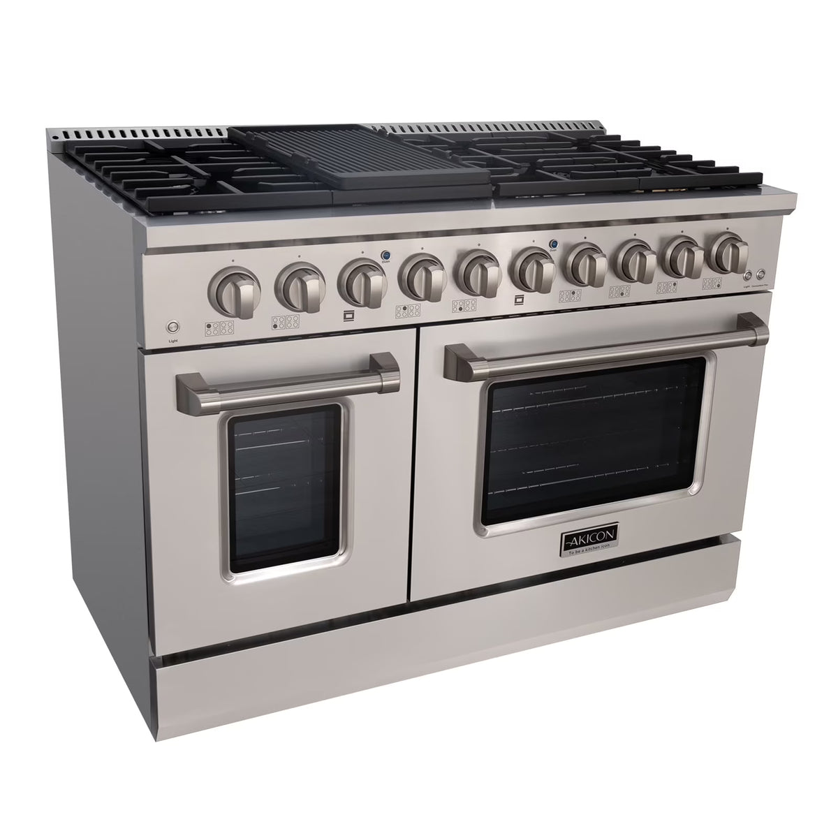 Akicon 48" Slide-in Freestanding Professional Style Gas Range with 6.7 Cu. Ft. Oven, 8 Burners, Convection Fan, Cast Iron Grates, & Blue Porcelain Oven Interior, In Stainless Steel