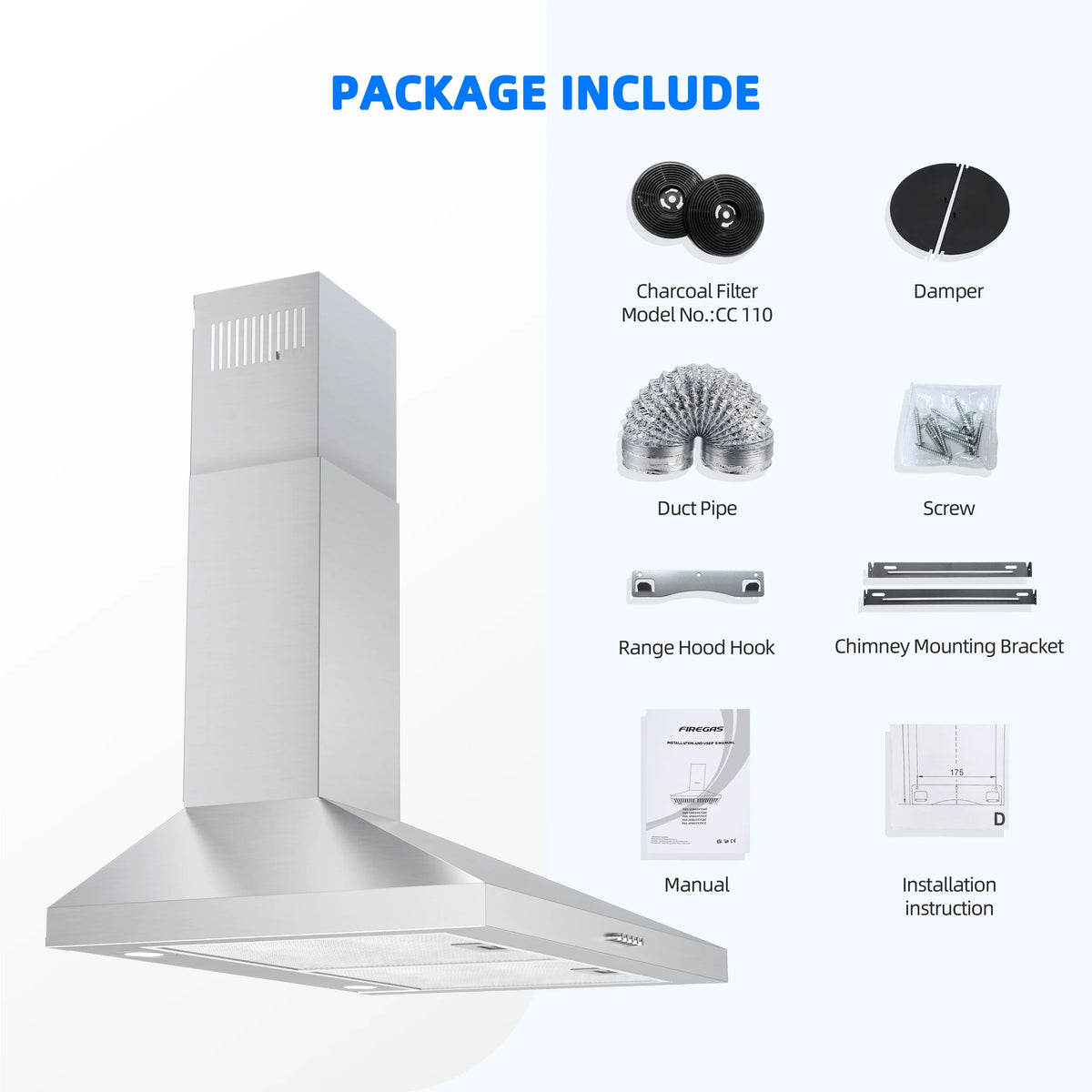 FIREGAS 30 Inch Wall Mount Range Hood, 450 CFM Ducted/Ductless Convertible Kitchen Vent Hood
