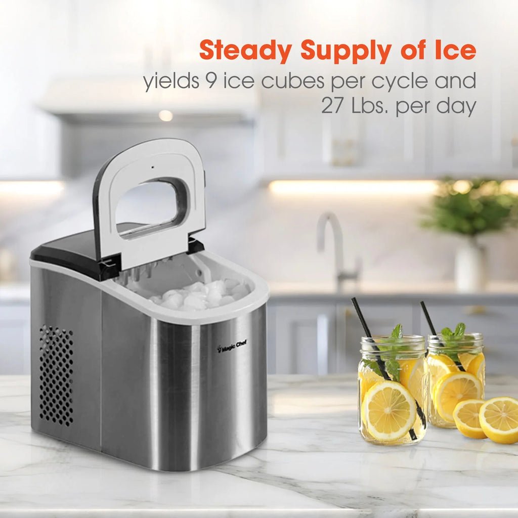 Magic Chef 27 lb Capacity Portable Countertop Ice Maker, Stainless Steel (Bullet Ice)
