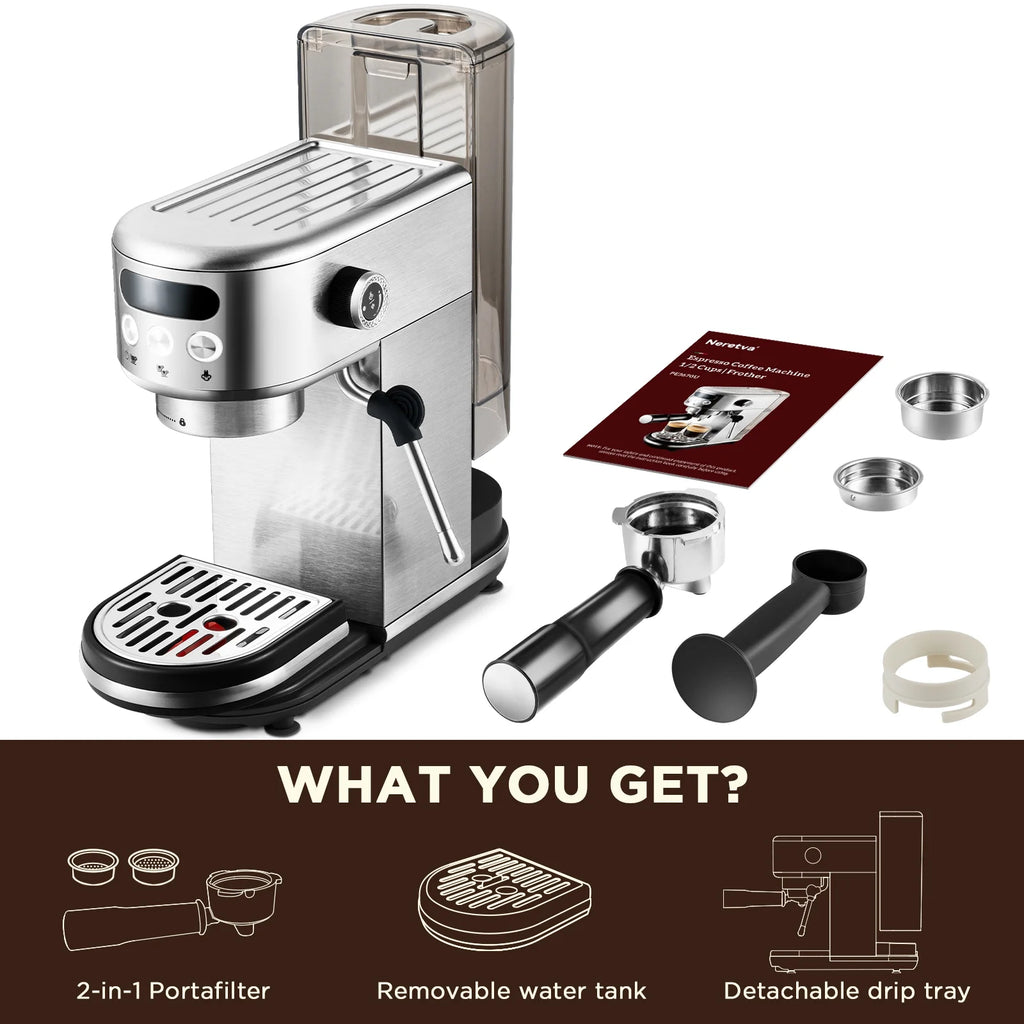 Neretva Espresso Machine 15 Bar Professional Espresso Maker with Milk Frother Steam Wand, Cappuccino & Latte Machine, Espresso Coffee Machine for Home- Stainless Steel