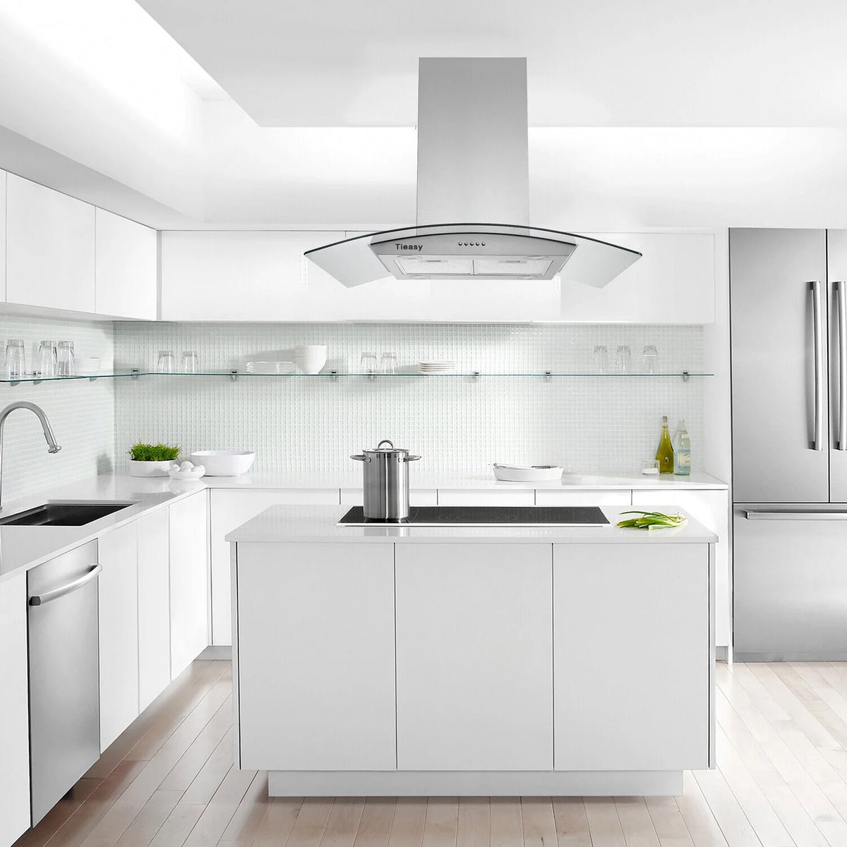 "Joeaonz 36"" Stainless Steel Island Mount Range Hood, Quiet 900CFM, 3-Speed Vent with Button Control and LED Bulb"