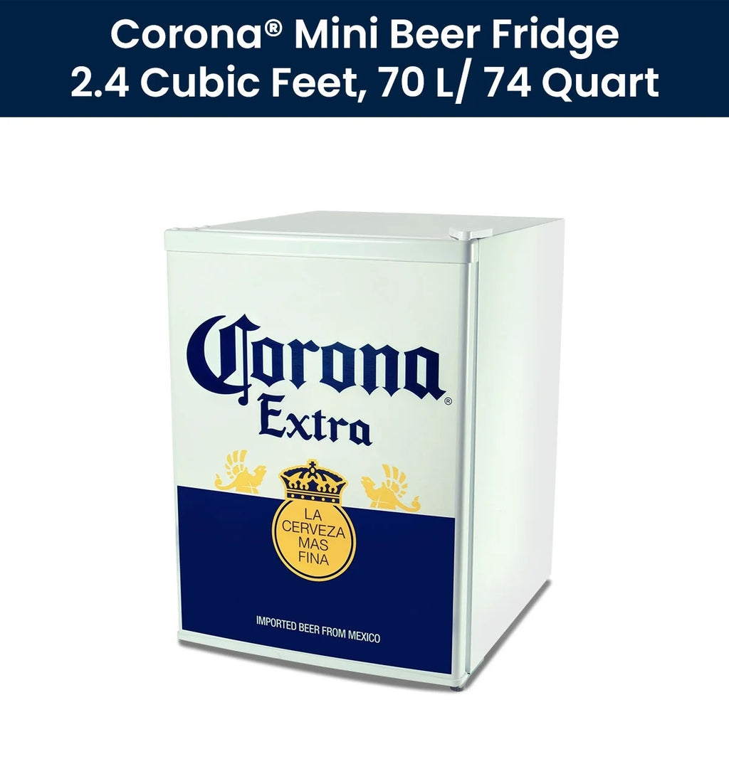 Corona Mini Beer Fridge with Freezer, 2.4 Cu. Ft, 70L Capacity White & Blue Compact Beverage Cooler