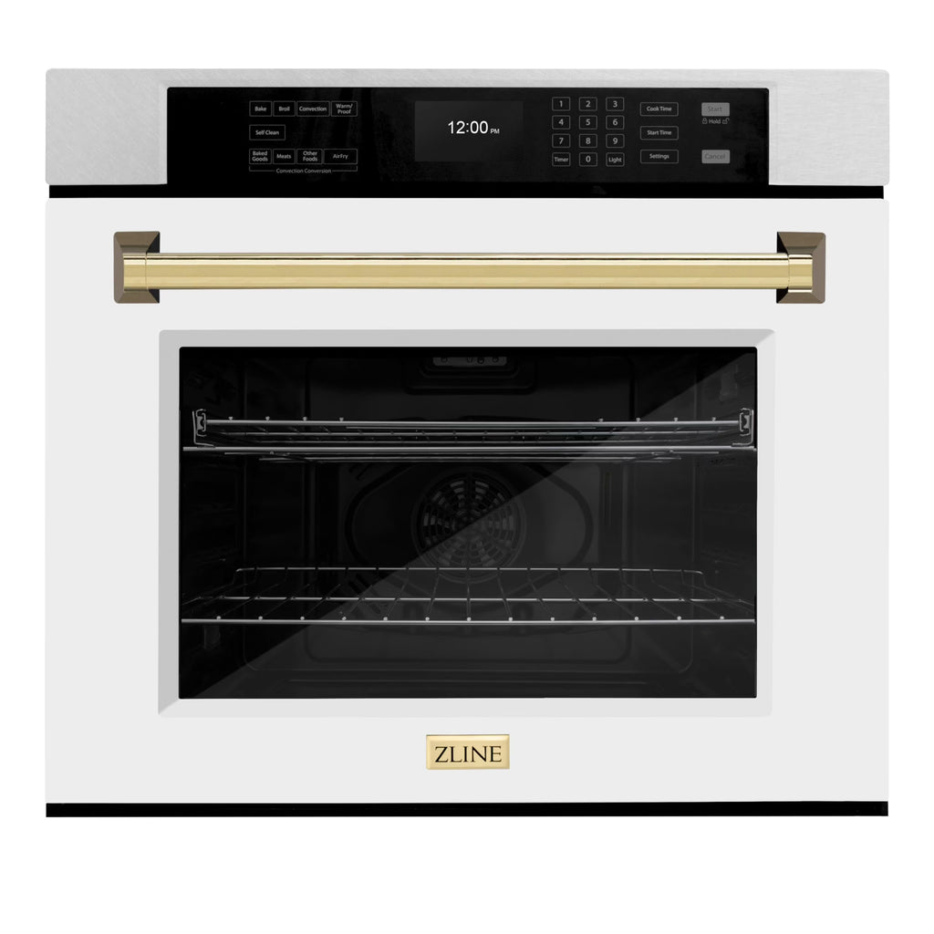 ZLINE 30 in. Autograph Edition Professional Convection Single Wall Oven with Air Fry and Self Clean in DuraSnow Stainless Steel with White Matte Door and Polished Gold Handle (WASSZ-WM-30-G)