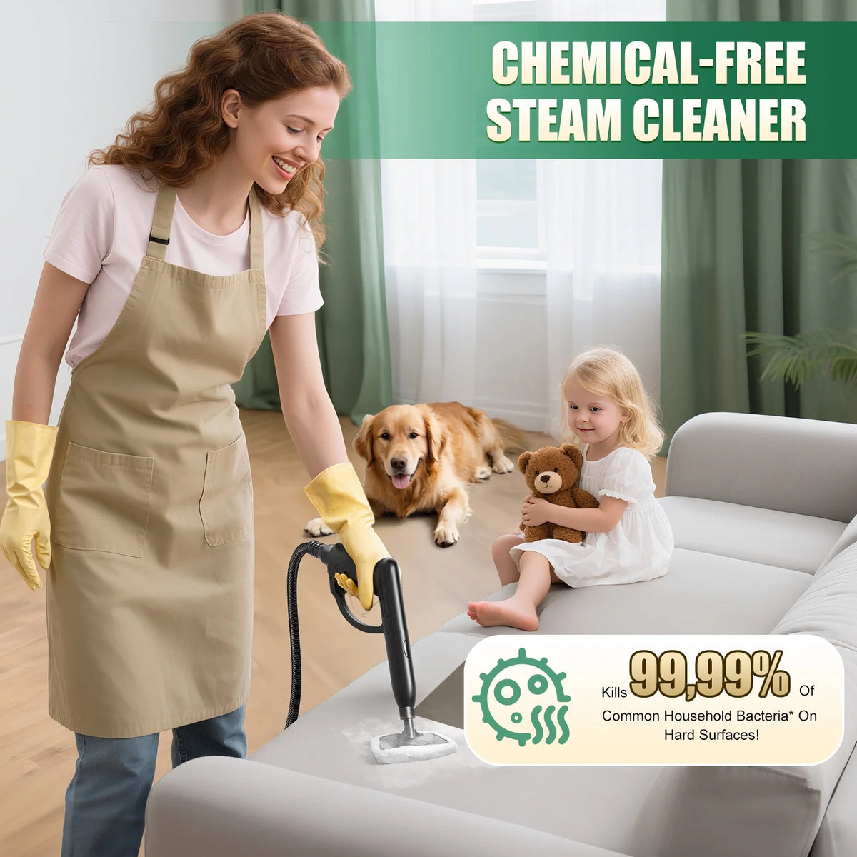 Loheer Steam Cleaner, 1500W Multipurpose Steamer for Cleaning with 15 Accessories,  2L Tank, Child Lock, Chemical-Free Cleaning, Steam Mop for Home, Car, and Furniture