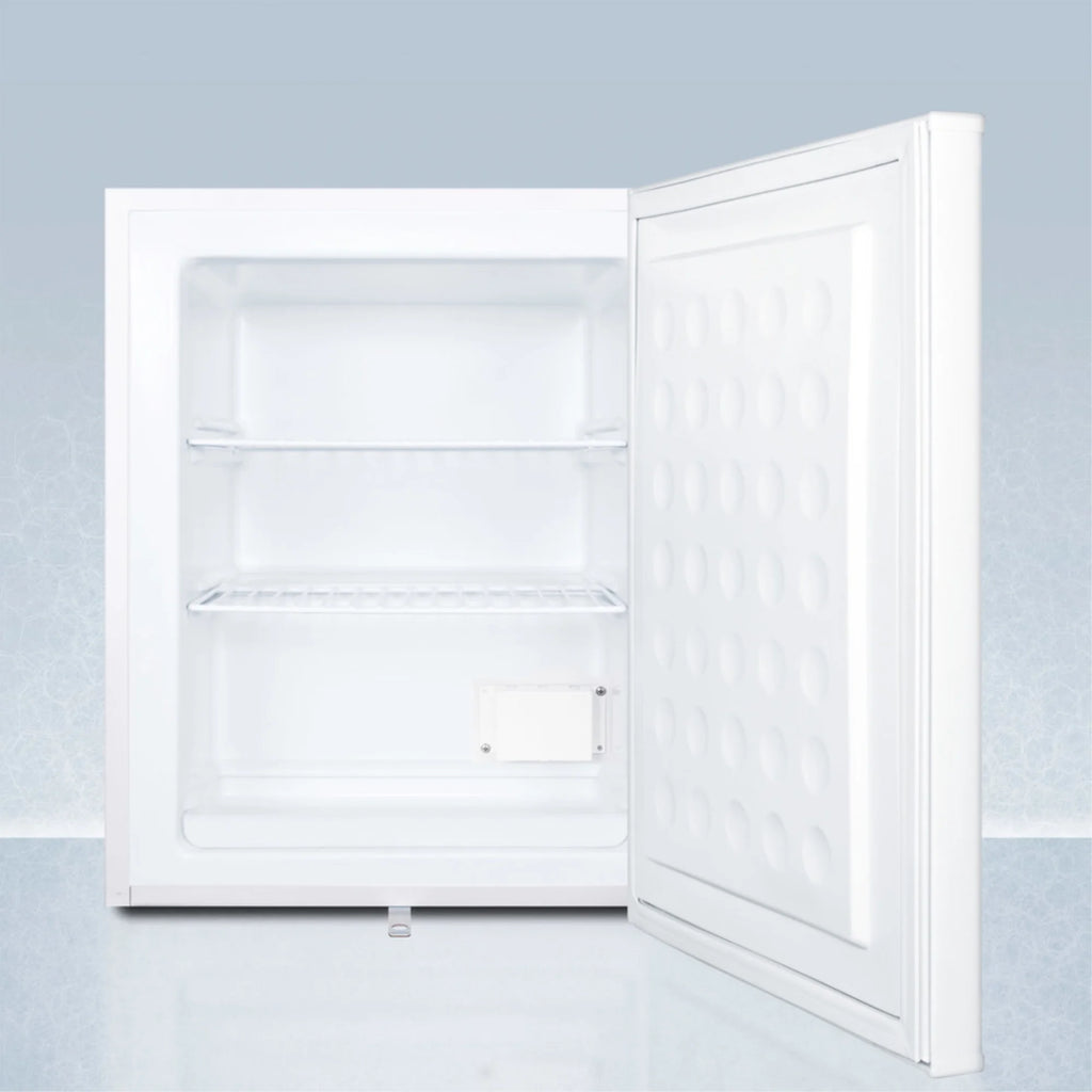 Compact manual defrost all-freezer with lock and probe hole