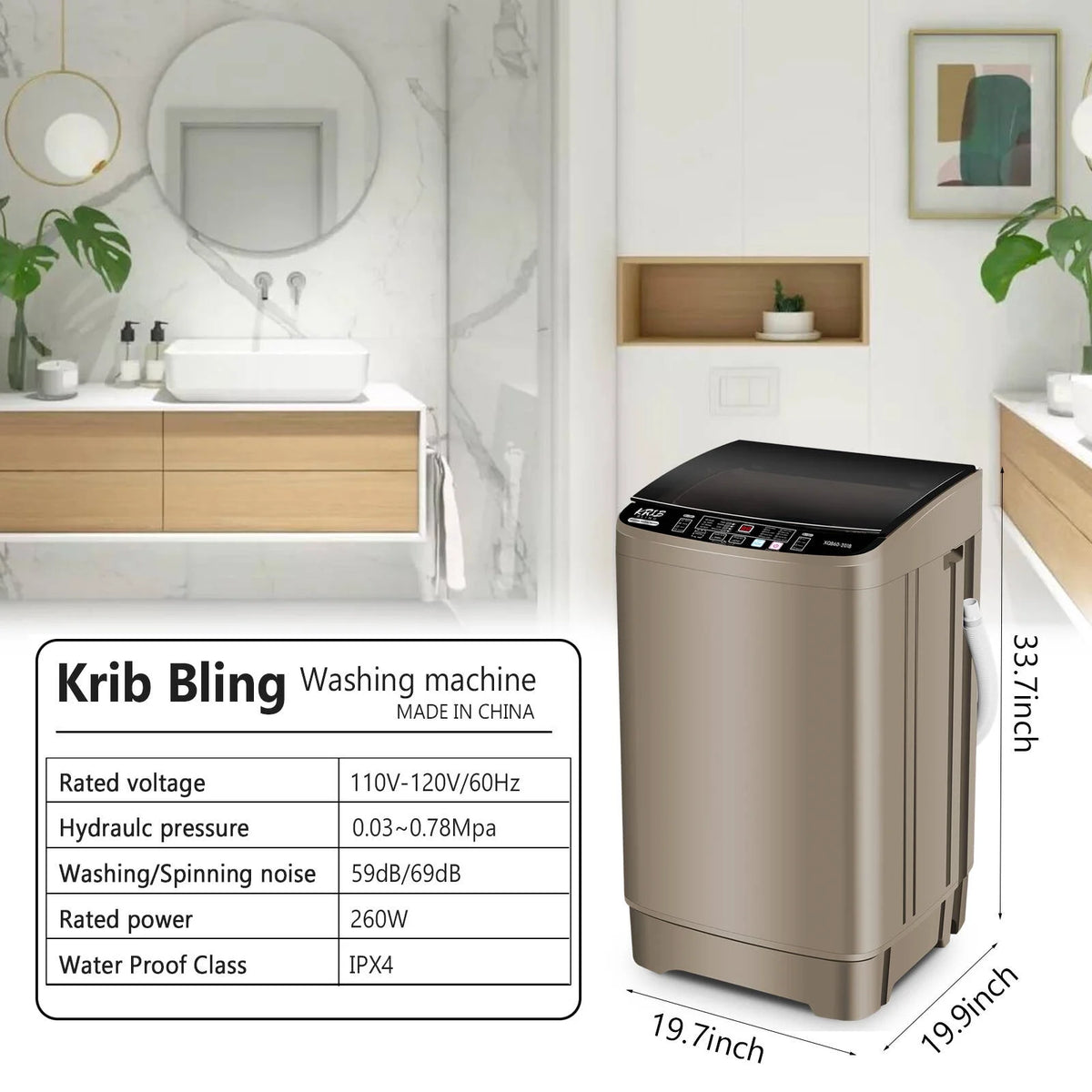 Krib B Full Automatic Washing Machine with Drain Pipe, 17.7 lbs Portable Washers with 10 Programs & 8 Water Levels, Suitable for Apartment, Dorm, Grey