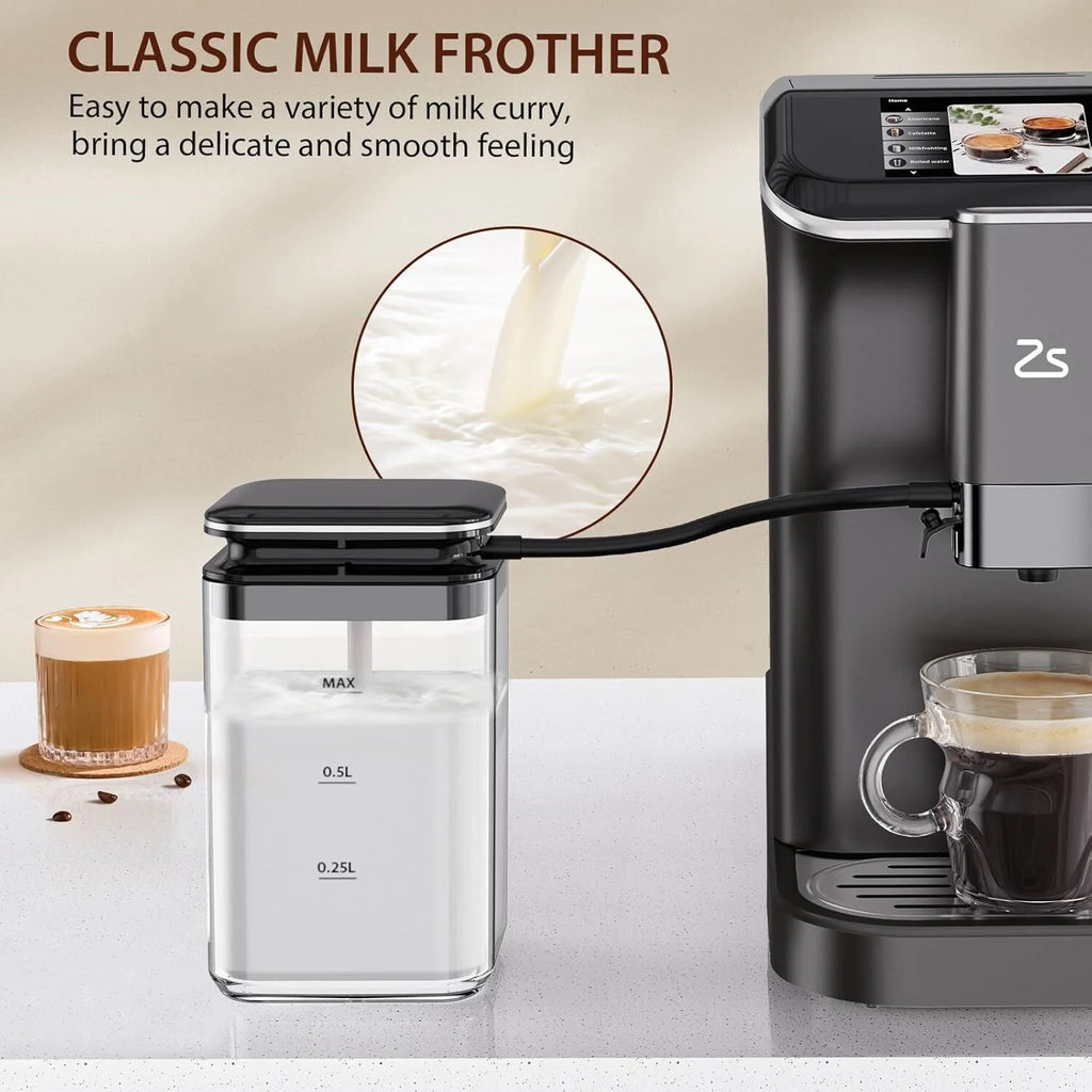 Espresso Machine,Fully Automatic Espresso Machine with Automatic Milk Frother,7 Coffee Varieties,20-Bar,Built-in Grinder,Intuitive Touch Display,1.5-L Water Tank