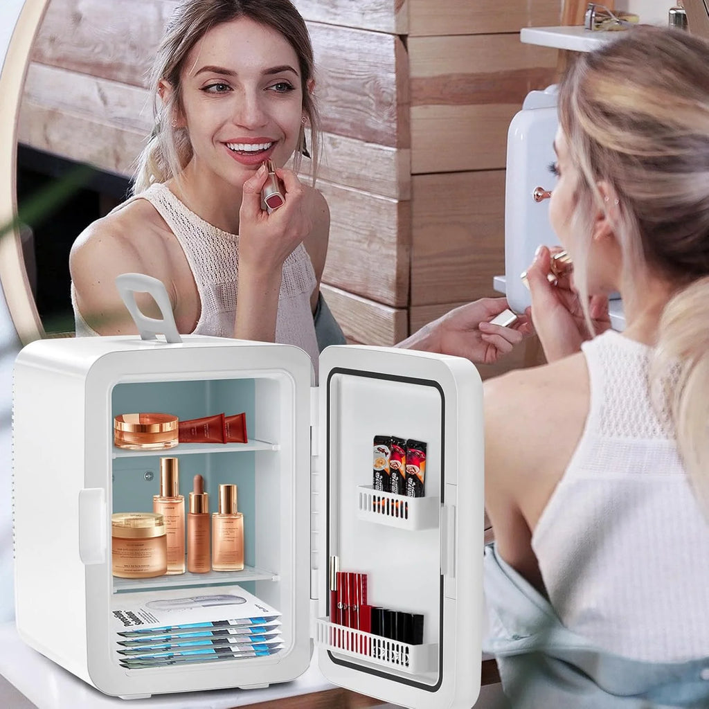 Compact Mini Fridge, 15 Can Portable Small Refrigerator with AC/DC Adapters, 10 Liter / 2.6 Gal Small Cosmetics Cooler