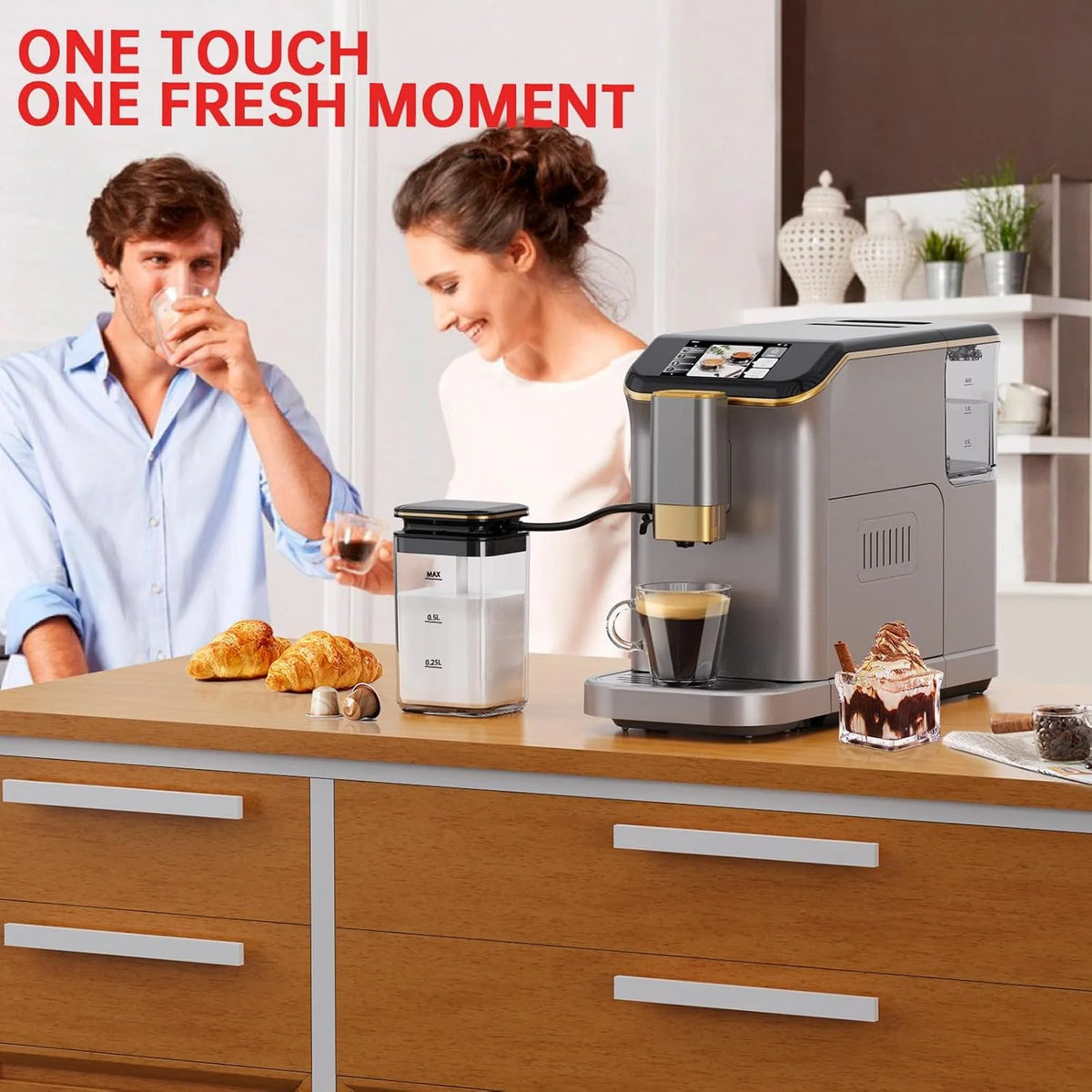 Full Automatic Espresso Machine with Built-In Grinder & Milk Frother - FTF Touchscreen Coffee Maker for Latte/Cappuccino, 20 Bar Pressur & 1.5L Water Tank, 1350W, Grey