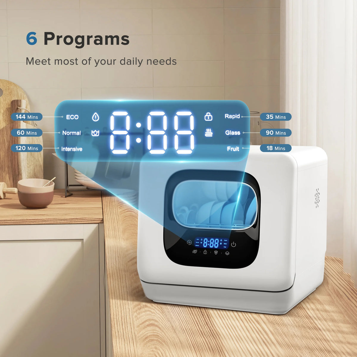 Auseo Portable Countertop Dishwasher, 6 Washing Programs with Child Lock and Air-Dry Function, Suitable for Home/Kitchen