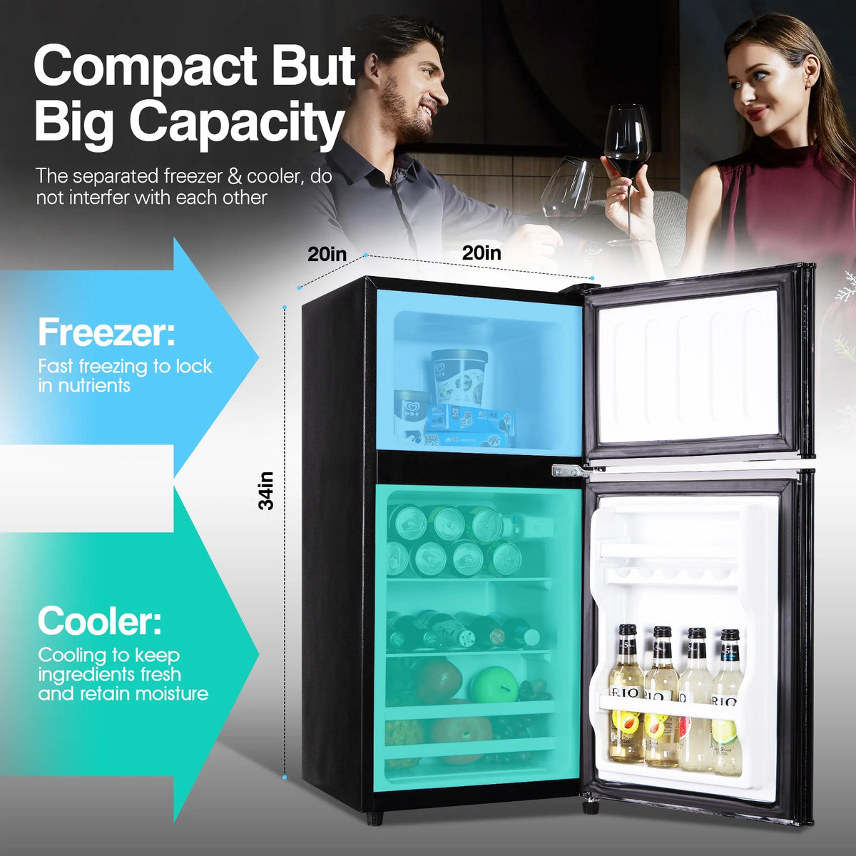 GGTB Retro Compact Two Door Refrigerator, Black, 3.0 Cu ft