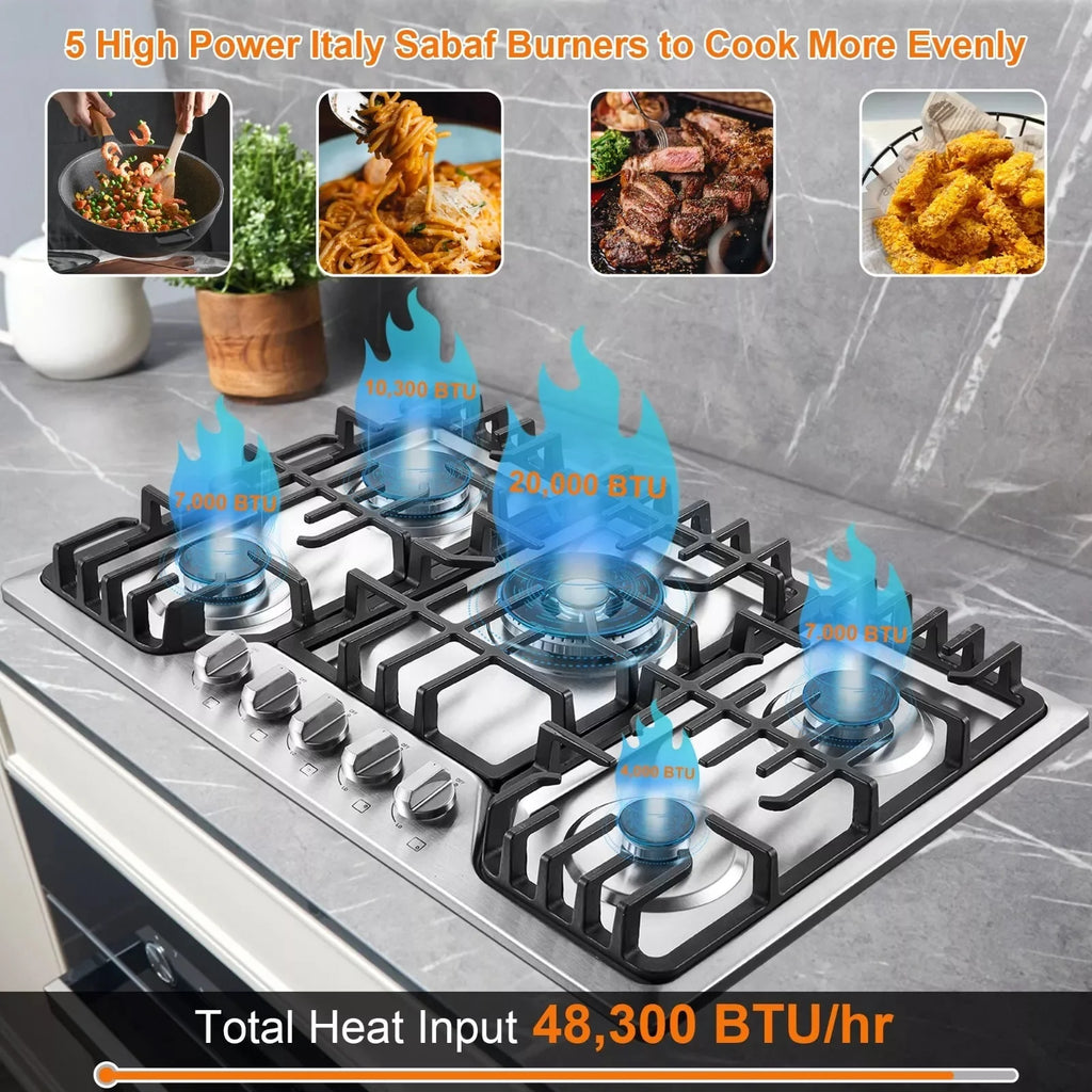 Amzgachfktch 5 Burners Stove 30 inch Gas Cooktop NG/LPG Stainless Steel Built-in with Grill