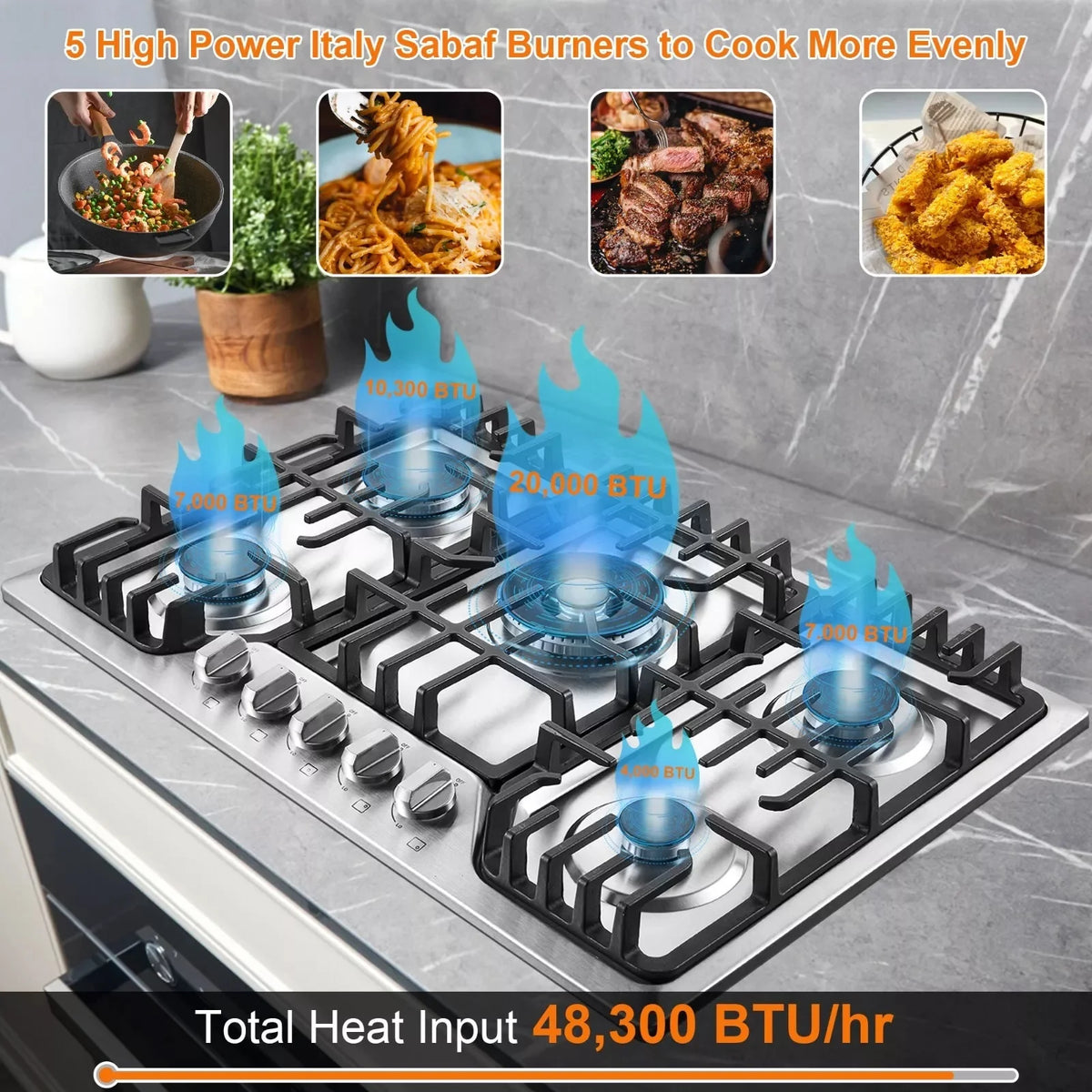 Amzgachfktch 5 Burners Stove 30 inch Gas Cooktop NG/LPG Stainless Steel Built-in with Grill