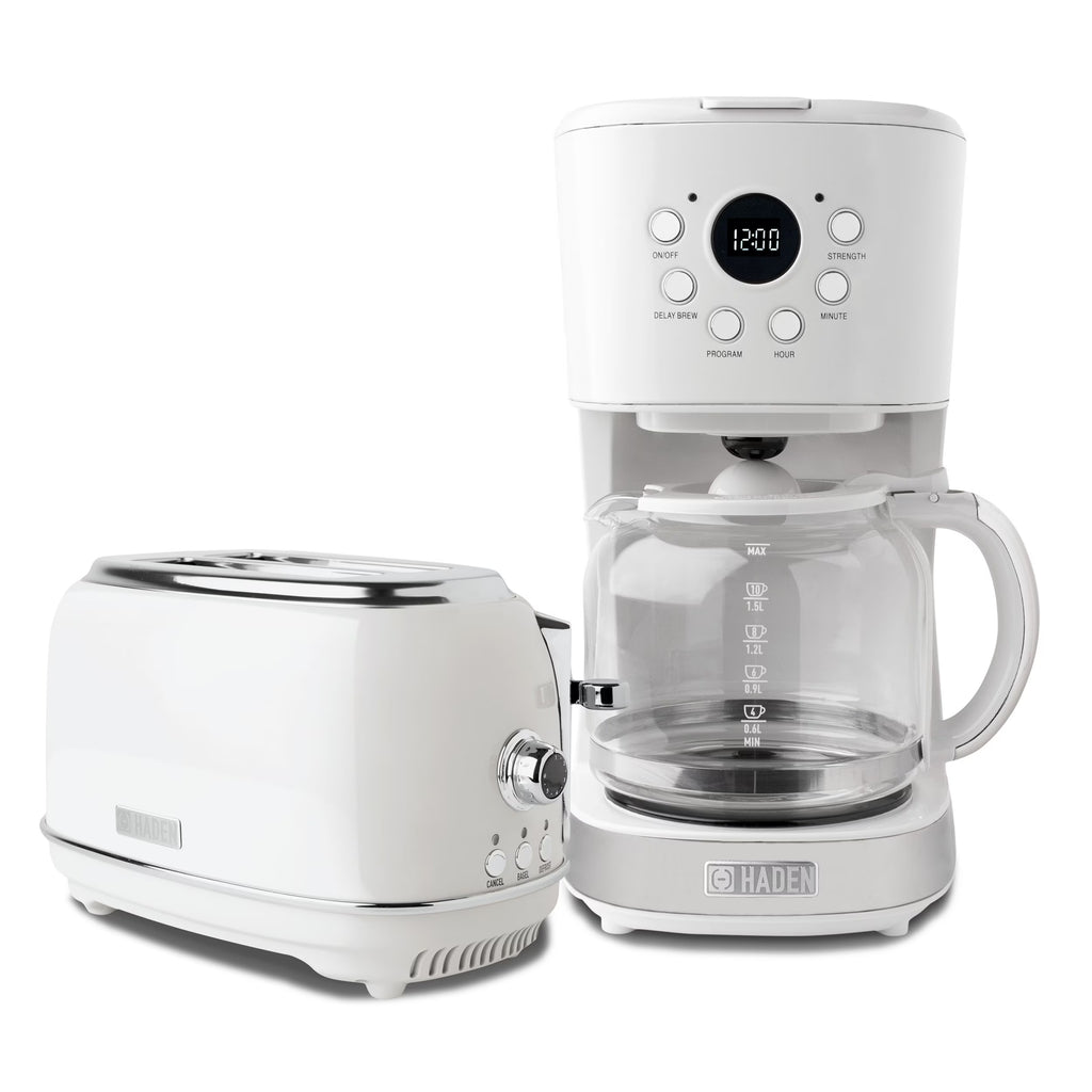 Haden 12 Cup Coffee Maker with 2 Slice Stainless Steel Bread Toaster, White