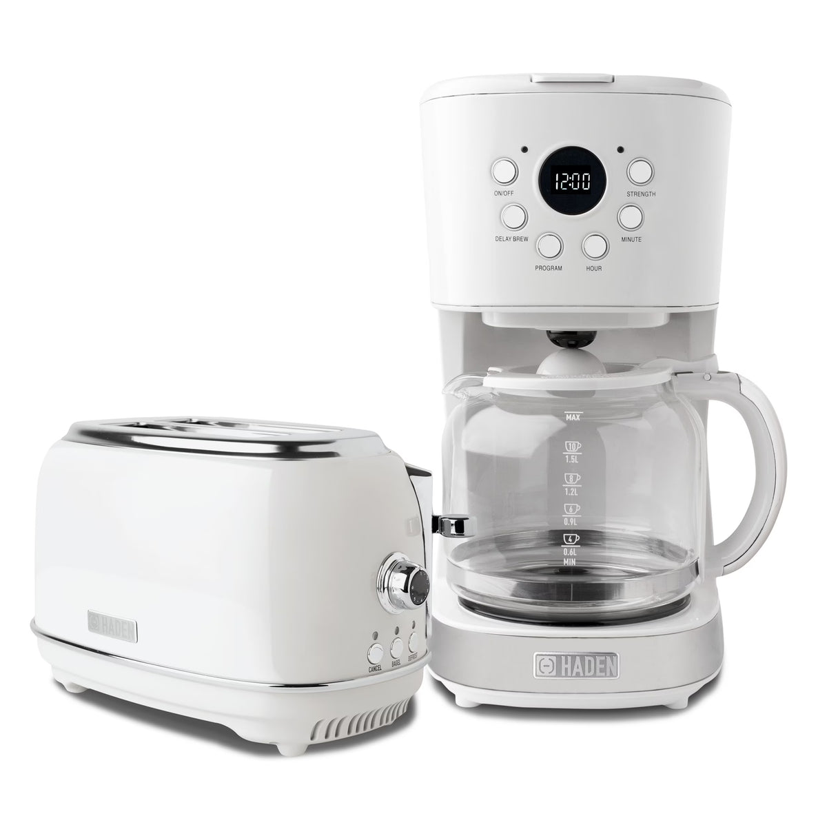 Haden 12 Cup Coffee Maker with 2 Slice Stainless Steel Bread Toaster, White