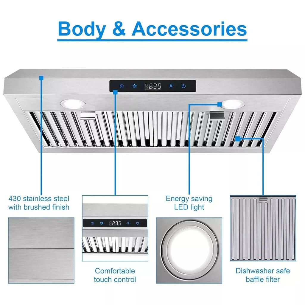 "Joeaonz 30"" Convertible Under Cabinet Range Hood, Stainless Steel, 600CFM, 3-Speed Fan, Dishwasher-Safe Filter"
