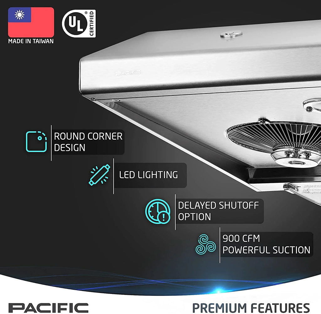 Pacific Kitchen Vent Hood AC3000BS �C 30 Inch Under Cabinet Range Hood �C Filterless Modern Stainless Steel Hood Vent with 900 CFM Suction, Dual Fans, LED Touch Controls and Auto-Clean Function