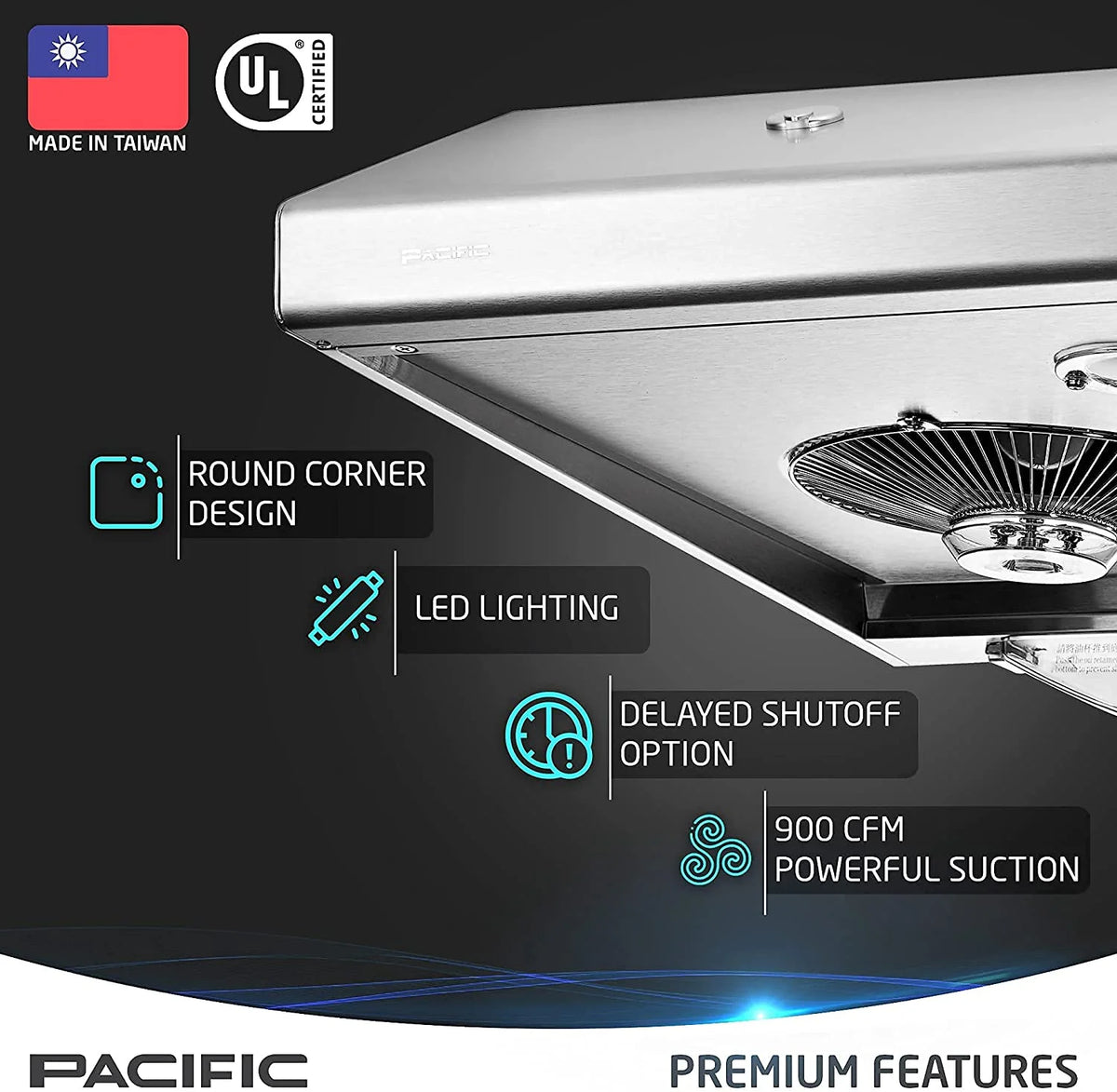 Pacific Kitchen Vent Hood AC3000BS �C 30 Inch Under Cabinet Range Hood �C Filterless Modern Stainless Steel Hood Vent with 900 CFM Suction, Dual Fans, LED Touch Controls and Auto-Clean Function
