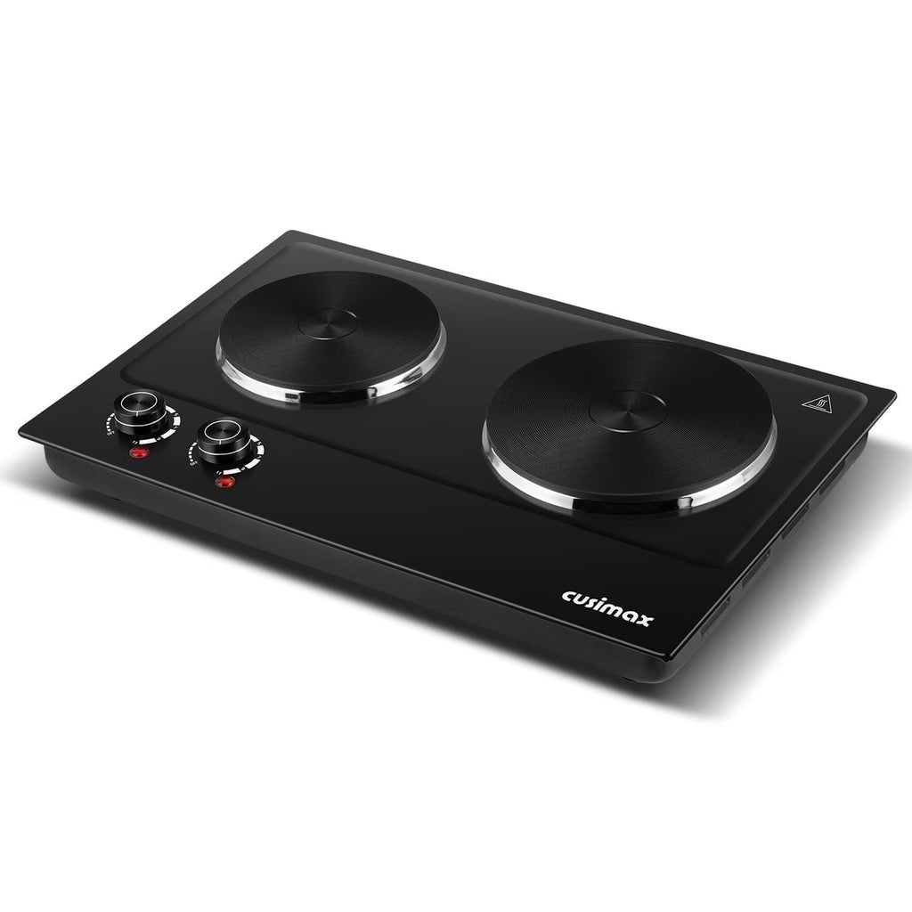 CUSIMAX 1800W Portable Double Burner Hot Plate �?Stainless Steel Countertop Electric Cooktop with Dual Cast Iron Heating Plates, Easy-to-Clean Silver Design, Upgraded Version