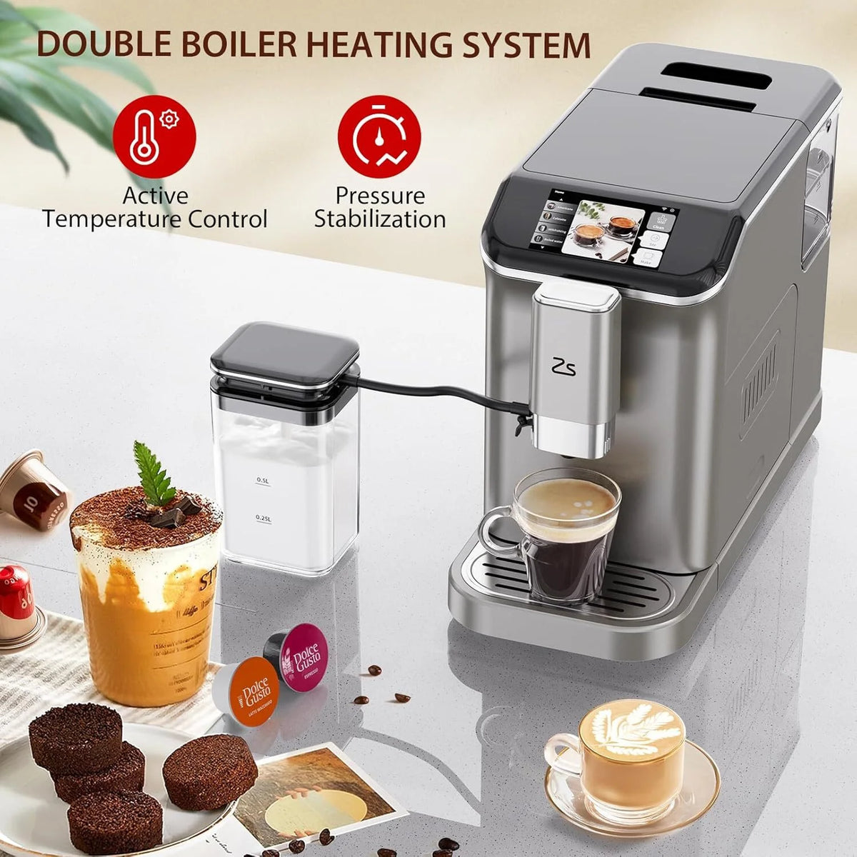 Espresso Machine,Fully Automatic Espresso Machine with Automatic Milk Frother,7 Coffee Varieties,20-Bar,Built-in Grinder,Intuitive Touch Display,1.5-L Water Tank